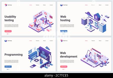 Web development and programming vector illustration. Modern concept interface design set for mobile website with cartoon 3d tiny programmer developer people working and testing computer program Stock Vector