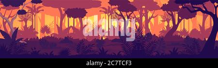 Vector Tropical jungle sunset silhouette panorama background. Golden Sun rays in wild forest, lush vegetation become dark. Trees, lianas, grasses change colors from light to night shadows game design Stock Vector