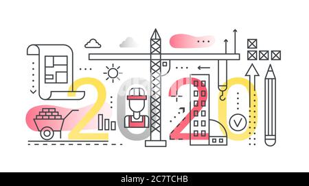 Building construction 2020 thin line vector illustration for web site design, abstract flat webpage interface, creative banner with technical process, development in architecture business technology Stock Vector