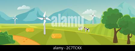 Countryside landscape panorama with mountains on horizon cartoon flat vector illustration. Picturesque panoramic green open space, trees, cute cows, outroad dirt road and sheaves, wind generators Stock Vector