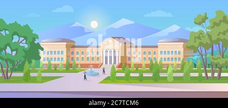 University building vector illustration. Cartoon 3d outside front view with high elementary school, college or academy university campus exterior and student people walking on street road background Stock Vector