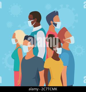 People group in masks in circle flat virus character concept vector illustration. Multiracial men, women in casual clothes on blue background stand back to back to defend each other from danger Stock Vector