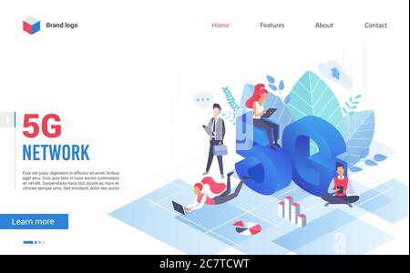People with gadgets using extreme high speed 5g internet connection vector illustration website landing page concept. 5th generation network wireless technology, big data, fast web IOT apps traffic Stock Vector