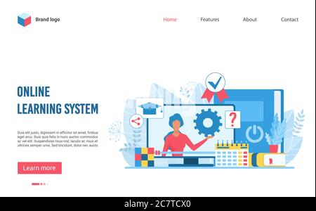 Online learning educational system flat vector illustration landing page layout, web page. Opportunities in distance learning and e-learning. Complex content, tasks, resources as e-library, reference books Stock Vector