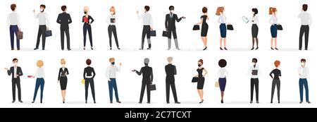 Business people conversation at pandemic cartoon vector illustration set. White and black men and women in mask, in formal suit discuss talking at distance to protect from coronavirus infection Stock Vector