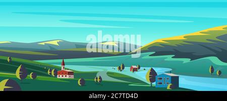 Small town in mountains flat cartoon panoramic landscape vector illustration background. Calm picturesque panorama in valley between green hills, apartly standing houses, trees, under aquamarine sky Stock Vector