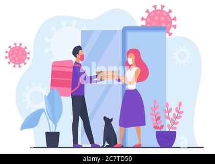 Courier in mask and gloves gives online food order to self isolated girl concept flat vector illustration. Young woman gets safe parcel. Quarantine covid19 pizza delivery. World outspread coronavirus. Stock Vector