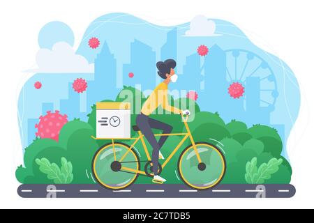 Young man on bicycle in mask coronavirus concept flat vector illustration. Safe fast delivery during epidemy. Courier going by park in big city, protected with respirator from covid-19 Stock Vector