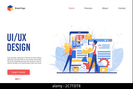 Ui ux design app creation vector illustration. Interface website design with cartoon flat tiny people creators team, designer characters create, construct mobile application, wireframe development Stock Vector