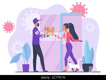 Courier in mask and gloves gives online order to self isolated girl concept flat vector illustration. Young woman gets safe parcel. Quarantine covid19 food goods delivery. World outspread coronavirus Stock Vector