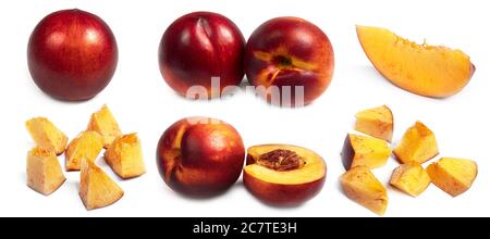 Nectarine and pieces of nectarine on a white background from different sides. Nectarine set. Macro photo. Stock Photo
