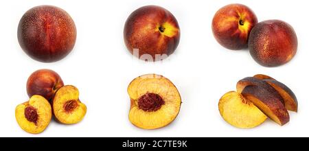 Nectarine and pieces of nectarine on a white background from different sides. Nectarine set. Macro photo. Stock Photo