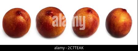 Wet nectarine with water drops on white background from different sides. Macro photo. Stock Photo