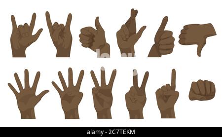 Vector realistic black african american human hand gestures in different positions. Hands representing, interactive communication, showing and pointing Stock Vector