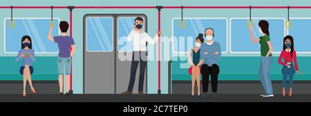 People in subway train using during quarantine corona virus pandemic flat vector illustration. Prevent corona virus disease COVID-19 spread. Influenza, air pollution. Passengers in bus, tram Stock Vector