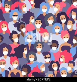 Crowd of people in medical protective face mask seamless pattern flat vector illustration. Protecting from the corona virus novel coronavirus 2019-nCoV concept. Quarantine time. Stock Vector