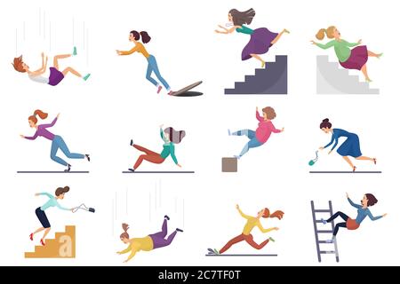 Set of cartoon vector injuring female woman falling down the stairs and over the edge, ladder, drop from the altitude, wet floor falling, stumbling on the sewer hall, tripping on stairs isolated Stock Vector