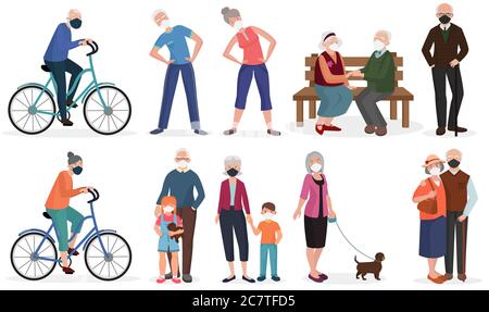 Active grandparents old seniors people in medical face mask. Quarantine, stop coronavirus 2019-nCoV, COVID-19, SARS-CoV-2 epidemic vector illustration. Stock Vector