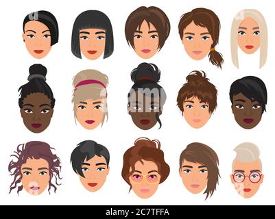 Women heads avatars characters flat cartoon vector illustration set isolated on white background. Beautiful light and dark faces, fashionable various modern and alternative haircuts Stock Vector