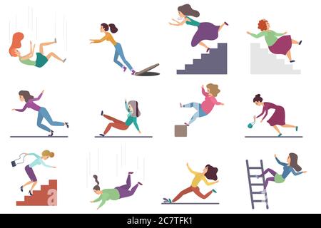 Set of flat vector injuring female woman falling down the stairs and over the edge, ladder, drop from the altitude, wet floor falling, stumbling on the sewer hall, tripping on stairs isolated Stock Vector