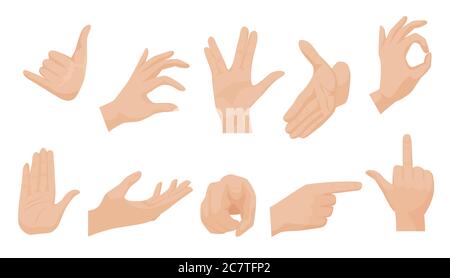 Vector flat style set of various human hands gestures. Different signs and emotions, hands representing, interactive communication. Stock Vector