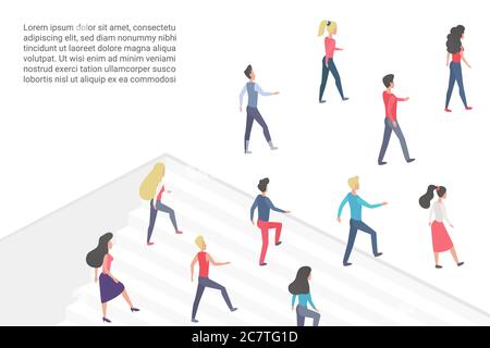 Flat vector illustration minimalistic concept with people walking upstairs and going forward, move in one direction. Template for business, team, professional and career development banner, poster Stock Vector