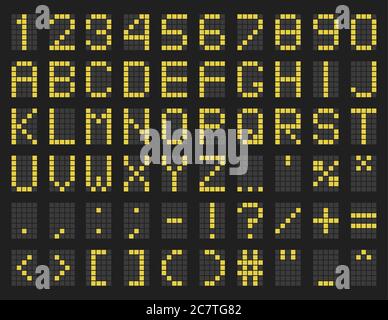 Timetable green alphabet template. Led display uppercase letters, lectronic board, numbers and symbols. Vector digital font. Airport schedule style typeface Stock Vector