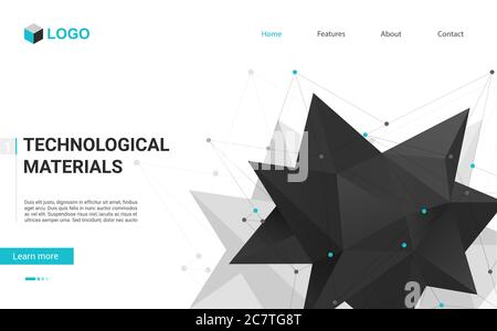 Technology materials landing page with abstract black polyhedron on white background. Vector illustration template for creative startup, innovation research, science, industry business web hello page Stock Vector