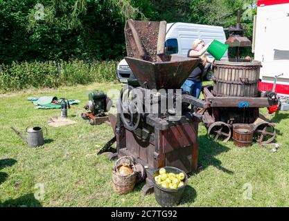 A historic wooden apple scratter (crusher) and press used in the production of cider using traditional methods Stock Photo