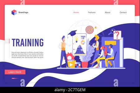 Training website landing page. Speaker coach tutor lecturer standing near whiteboard with charts, educating group of business people, knowledge courses concept, flat cartoon vector illustration. Stock Vector
