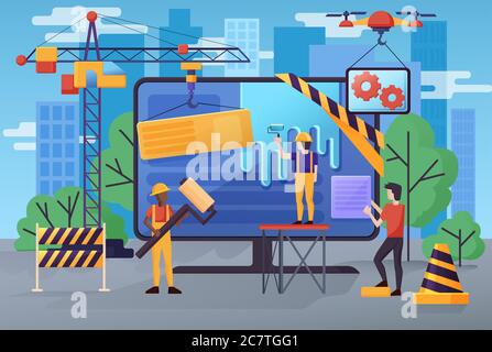 Under construction website banner vector illustration. Maintenance page or 404 error woth monitor screen, builders, engineers, industrial crane and buildings Stock Vector