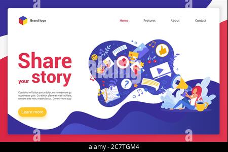 Share your story website landing page cartoon vector illustration. Colorful modern flat design template. Interesting content creating, sharing photo video feedback through social networks media. Stock Vector