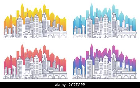 Modern cityscape outline vector illustrations set. Skyscrapers apartment buildings linear isolated. City skyline color gradient silhouettes set. Stock Vector