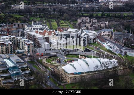 View on Dynamic Earth centre and Scottish Parliament Building from Holyrood Park in Edinburgh, the capital of Scotland, part of United Kingdom Stock Photo