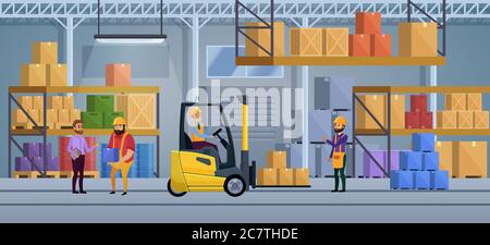 Warehouse interior vector illustration. Inside factory working process. Packaging freight, weight and goods delivering. Loader truck with box. Logistic distribution company service concept Stock Vector