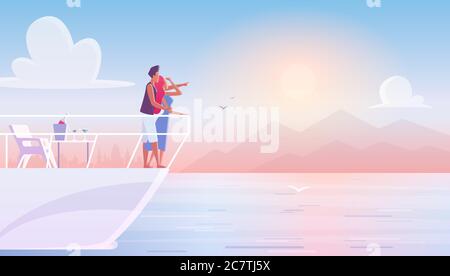 Romantic young family couple admiring sunset during dating on yacht. Man and woman enjoying holiday leisure time riding on boat in sea, vacation travel journey cruise, cartoon vector illustration. Stock Vector