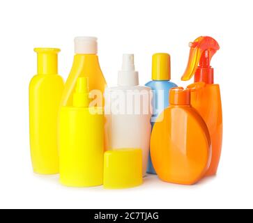 Bottles of sunscreen on white background Stock Photo
