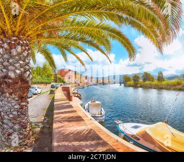 Panoramic cityscape of Bosa town on Temo river. River embankment with typical colorful Italian houses. Location:  Bosa town, Province of Oristano, Ita Stock Photo