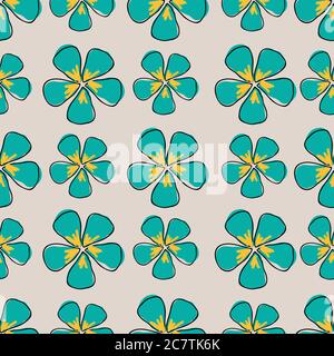 Rows of Flowers blue teal background seamless repeat vector pattern surface design Stock Vector