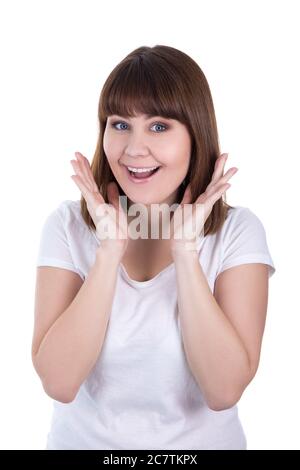 portrait of young beautiful surprised woman isolated on white background Stock Photo