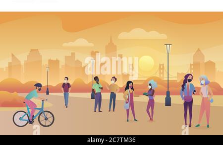 Men and women wearing masks walking on the sunset park wearing a mask to prevent viruses, 2019-nCoV, COVID-19, SARS-CoV-2, coronavirus, virus, flu, disease, air pollution vector illustration Stock Vector