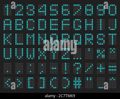 Blue green led digital board font. Electronic number digital display uppercase letters, numbers and symbols. Airport schedule style typeface vector illustration Stock Vector