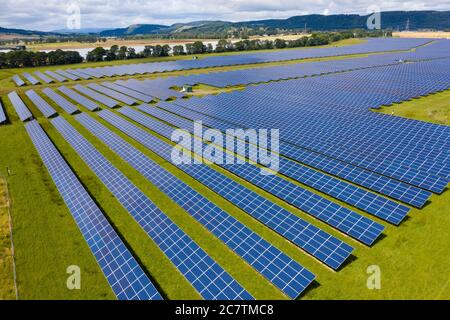 Aerial view of Errol solar farm near Perth in Scotland, UK. Operated by Elgin Energy it is largest solar farm in Scotland generating 13MW from 55,000 Stock Photo