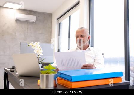 Senior businessman reading report while working in the office Stock Photo