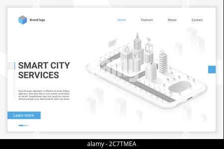 Smart city hologram on smartphone screen with smart services and icons, internet of things, business network and augmented reality isometric website template layout concept vector illustration Stock Vector
