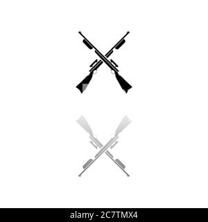 Crossed shotguns, hunting rifles. Black symbol on white background. Simple illustration. Flat Vector Icon. Mirror Reflection Shadow. Can be used in lo Stock Vector
