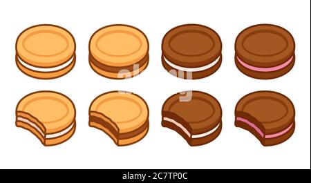 Set of sandwich cookies, vanilla and chocolate, with different filling. Bite showing cross section. Simple cartoon vector illustration. Stock Vector