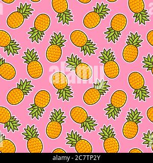 Pineapple seamless pattern. Hand drawn cartoon pineapples on pink background. Bright summer texture. Stock Vector