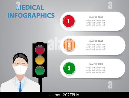 Medical infographics showing doctor looking at three blank paper labels with traffic lights in the background. Stock Vector