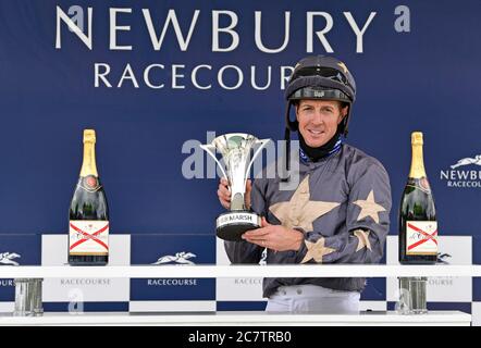 Reshoun jockey Jim Crowley after winning the Marsh Cup at Newbury Racecourse at Newbury Racecourse. Stock Photo